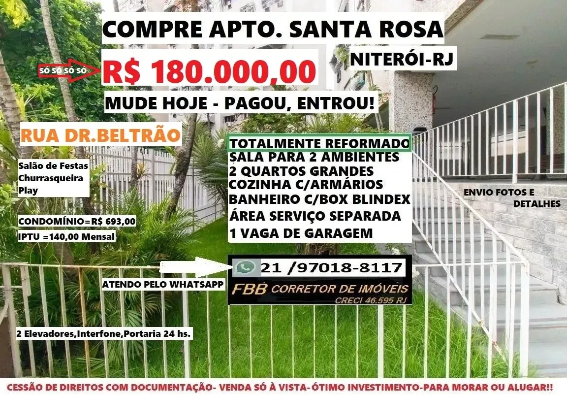 Apartamento com 2 Quartos à Venda, 65 metros em Santa Rosa - Niterói
