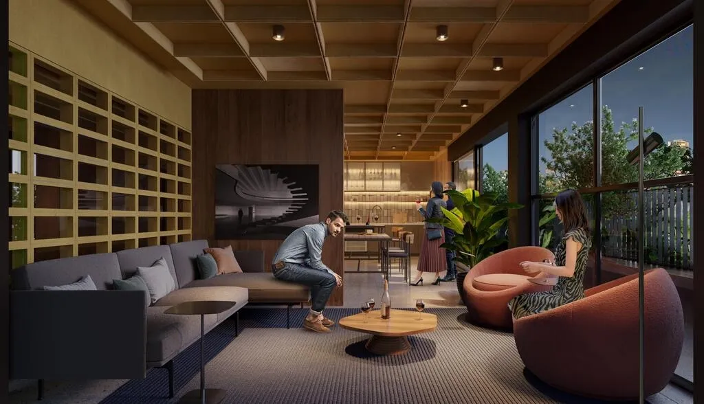 Imagem Um projeto em que as torres são conectadas por um sistema de espaços comuns. Em uma localização ...