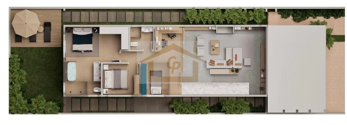 Imagem No pavimento superior, a residência oferece três dormitórios, sendo uma ampla suíte master com b...