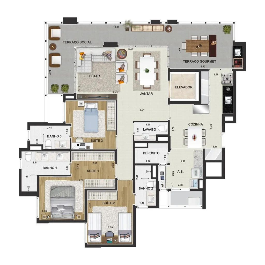 Imagem Apartamento de luxo no Jardim Santo André: 3 quartos, 3 suítes, 4 banheiros, 3 vagas de garagem e 133m² de área no Residencial Piemonte.