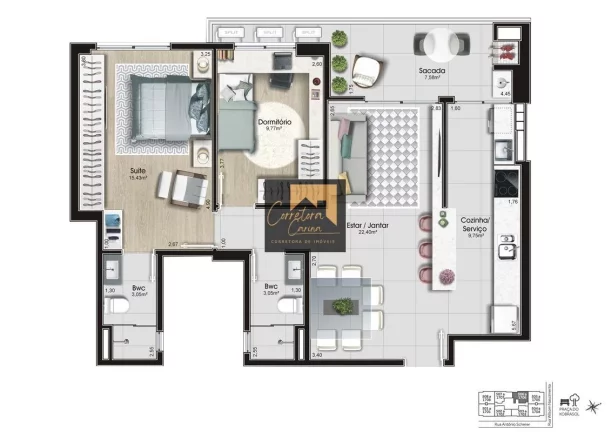 Imagem Apartamento no 16º andar com 84,25m² privativos, 2 quartos sendo 1 suíte com persianas automatiza...