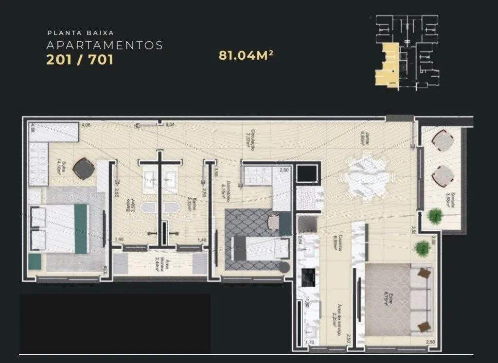 Imagem Apartamento para Venda - 81.04m², 2 dormitórios, sendo 1 suites, 1 vaga - Centro