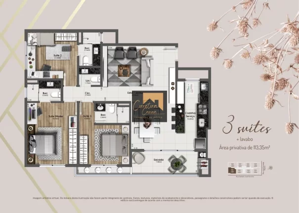 Imagem Apartamento no 8º andar com 113,35m² privativos, 3 quartos sendo 3 suítes com persianas automatiz...