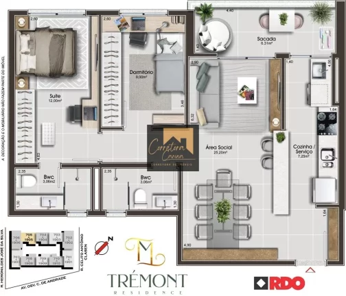 Imagem Apartamento no 10º andar com 78,11m² privativos, 2 quartos sendo 1 suíte! Sala de estar e jantar ...