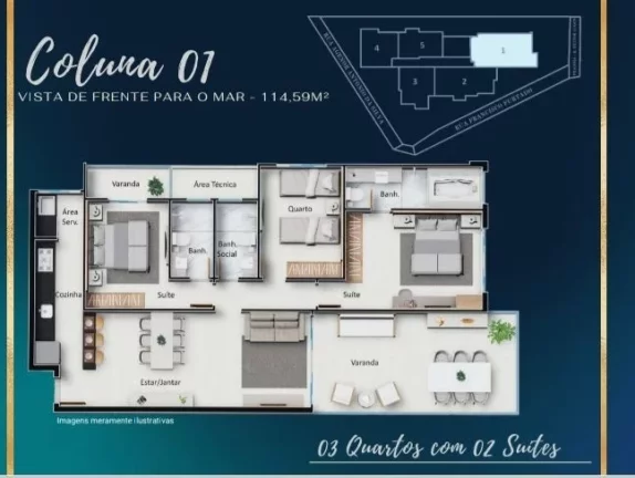 Imagem Residencial Solar da Praia é um lançamento que está em fase de construção frente para o mar e contará com apartamentos de 2 ou 3 quartos