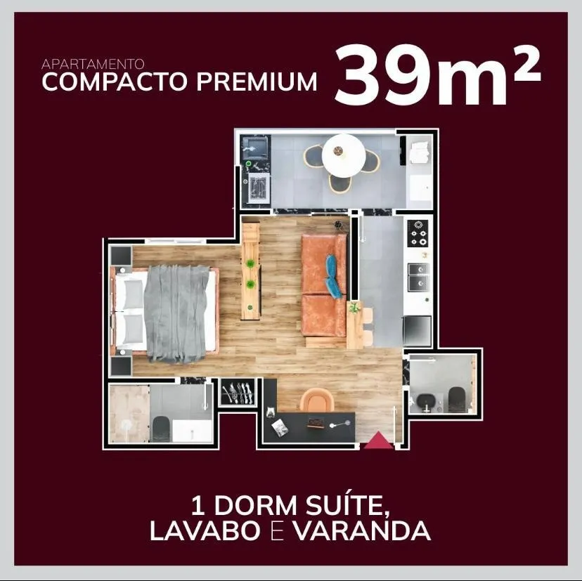 Imagem Apartamento Compacto Premium 39m² no Reserva Carvalho Residencial com 1 Dormitório Suíte