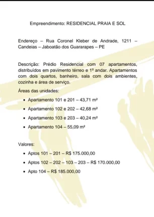 Imagem Apartamento para Venda em Jaboatão dos Guararapes, Candeias, 2 dormitórios, 1 banheiro, 1 vaga
