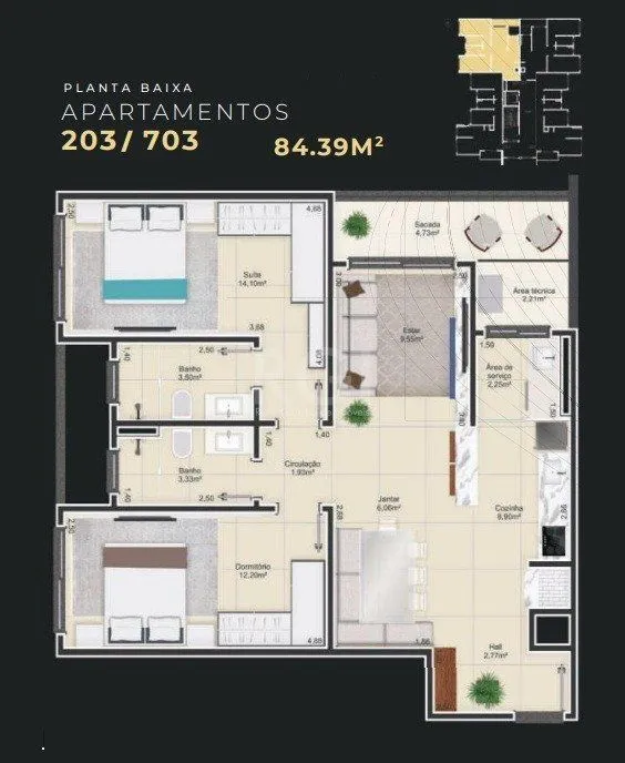 Imagem Apartamento para Venda - 84.39m², 2 dormitórios, sendo 1 suites, 1 vaga - Centro
