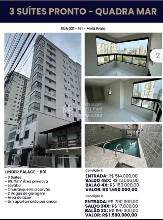 Imagem Apartamento no residencial Linder, em Meia Praia Itapema, Ótima localização, a 100 metros do mar. Boa vista da praia. Com 3 Suítes 2 Vagas e garagem