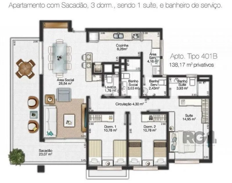 Imagem Apartamento para Venda - 138.33m², 3 dormitórios, sendo 1 suites, 3 vagas - Centro