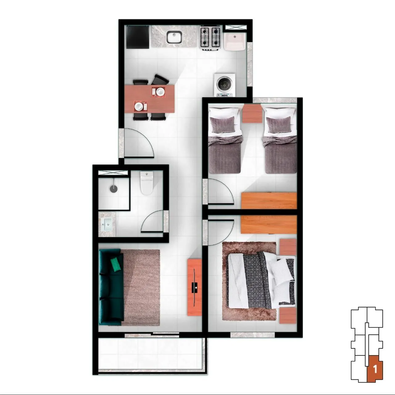 Imagem Apartamento 2 Quartos à Venda no Mutondo | 45,95m² | Varanda | Vaga | São Gonçalo/RJ.