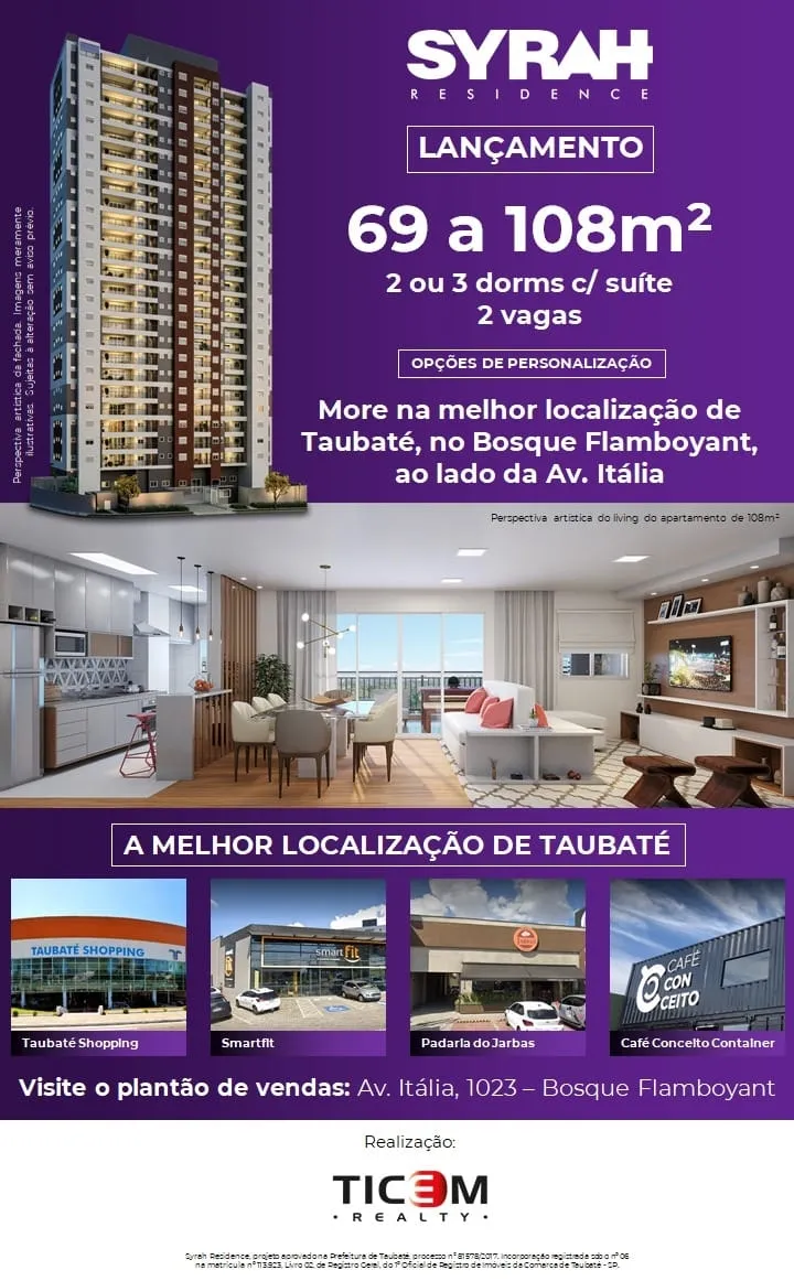 Imagem Apartamento à venda 3 Quartos, 1 Suite, 2 Vagas, 106.65M², Bosque Flamboyant, Taubaté - SP | SYRAH Residence