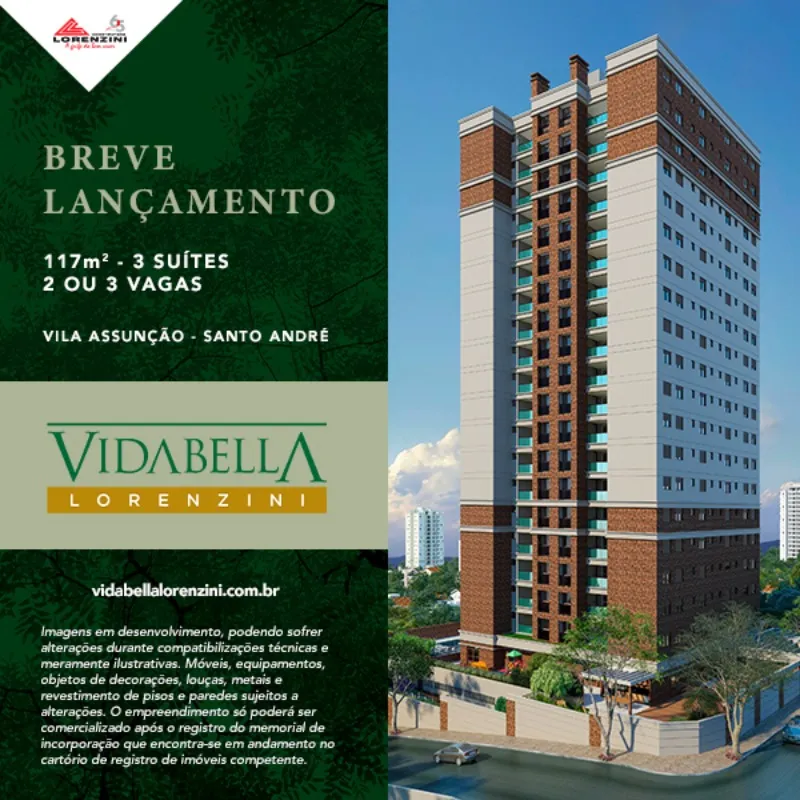 Apartamento de Luxo na Vila Assunção, Santo André-SP 3 quartos, 3 suítes, 4 banheiros, 3 vagas 117m² VidaBella Lorenzini