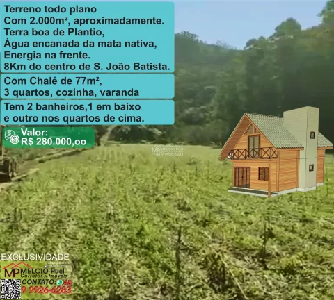 Sítio com chalé de 77m², terreno e área de 2.000m², todo plano, casa de campo, Chalé com projeto, 3 quartos Cozinha Varanda 2 banheiros, 1 em cima. em Colônia Nova Itália São João Batista SC