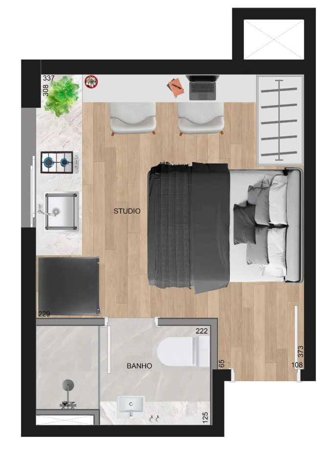 Imagem Apartamento à venda no Centro de Curitiba-PR: 1 quarto, 1 banheiro, 1 vaga de garagem, 33,56 m² de área.