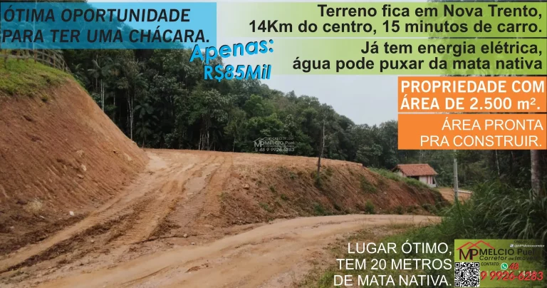 Foto do imóvel Propriedade a venda com área de 2.500m², Em Nova Trento área rural. 14Km do centro da cidade. Praticamente plana, com terraplanagem em Molha, Nova Trento SC