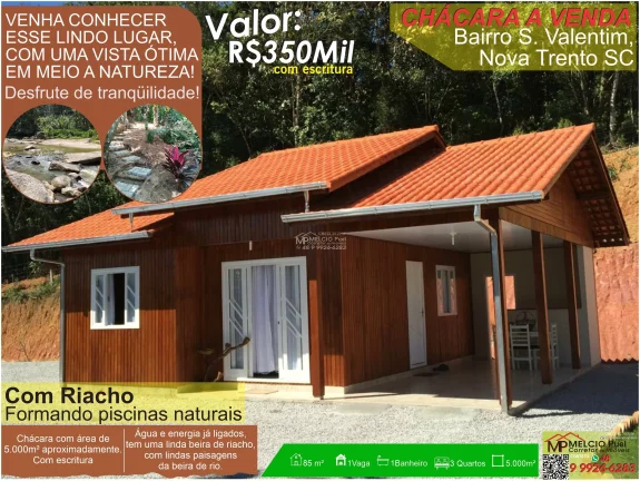 Sítio a VENDA, com casa a beira de riacho, em Nova Trento Distância da cidade de 13Km, de fácil acesso. De área com 5.000m² com escritura, em São Valentim, Nova Trento SC