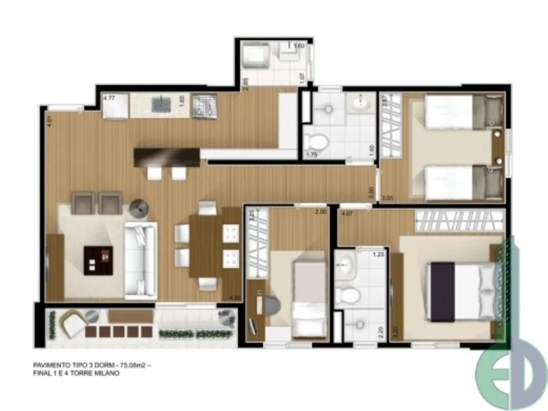 Imagem Apartamento à venda no Jardim São Caetano, 3 quartos, 1 suíte, 1 vaga, 74m²