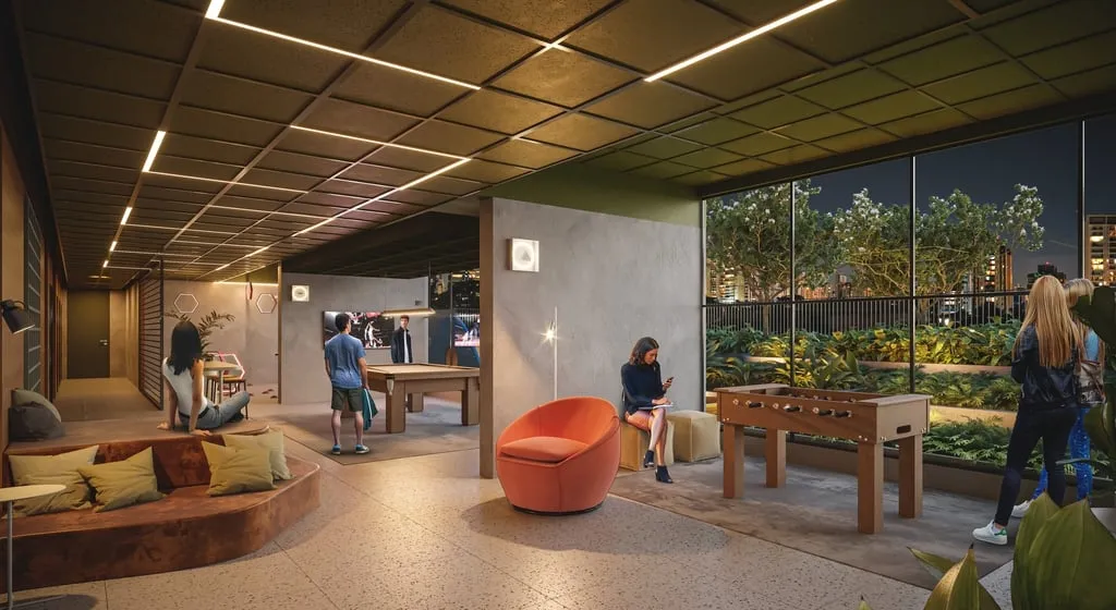 Imagem Um projeto em que as torres são conectadas por um sistema de espaços comuns. Em uma localização ...