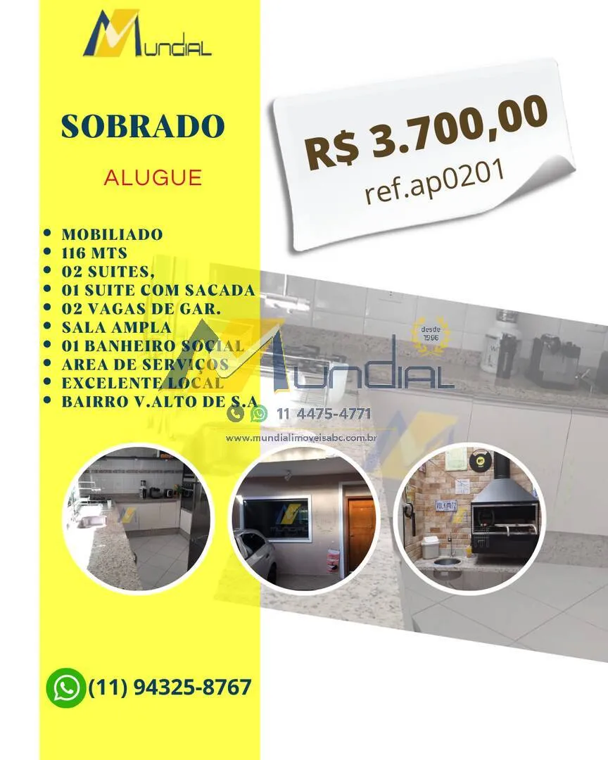Imagem Sobrado Mobiliado para locação na Vila Alto de Santo André