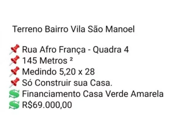 Imagem Bauru/SP, Vila São Manoel, Terreno de 145m². Financiamento Casa Verde Amarela.