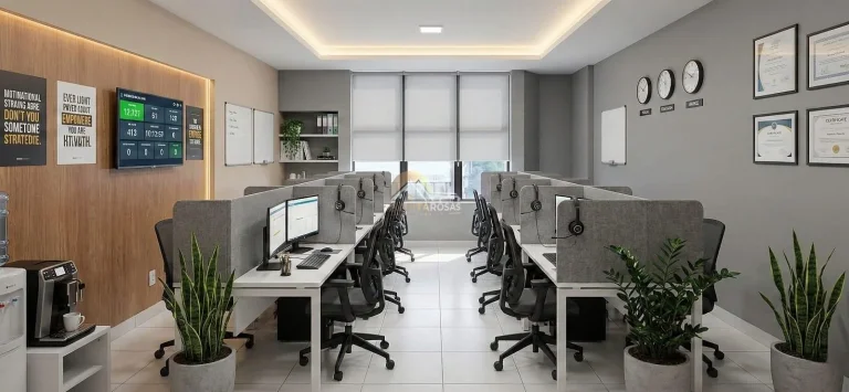 Imagem Sala comercial reformada, andar alto e vista livre. Copa e banheiro. Condomínio baixo. Em Brotas, p