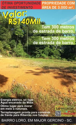 Terreno para sítio a venda, em Major Gercino, 900Metro da SC 108, 200Metros de estrada de barro. Terraplanagem pronta para construir em Loro Major Gercino SC