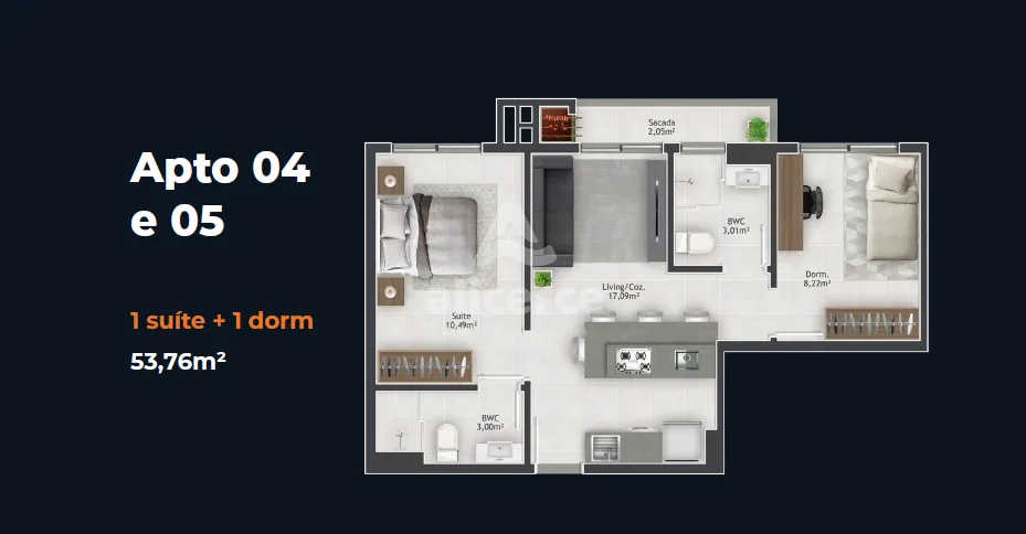 Imagem Apartamento em construção, 2 dormitórios com na Pedra Branca - Palhoça - SC