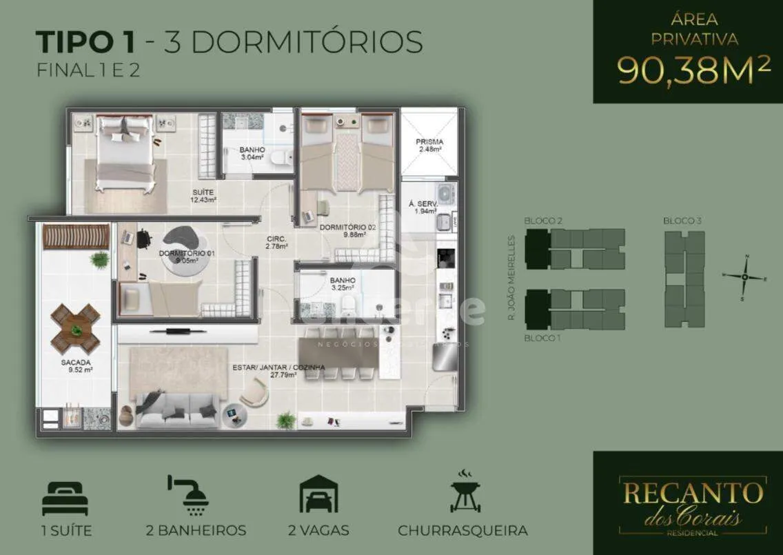 Imagem Apartamento à venda com 3 quartos 1 suíte, 77m² em Abraão Florianópolis