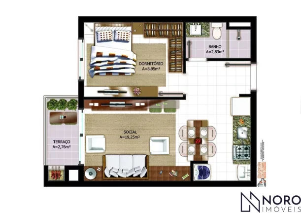 Apartamento 1 dormitório, Central, Living com Sacada e Churrasqueira, Área Servi