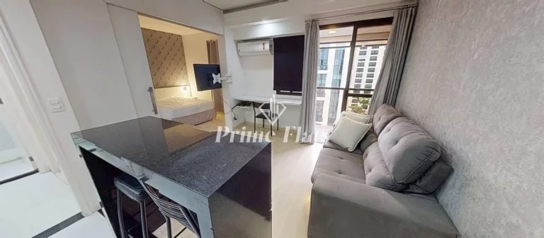 Foto do imóvel Flat disponível para locação no QI Intelligence Flat em Moema, com 37m², 1 dormitório e 1 vaga em Avenida Ibijaú