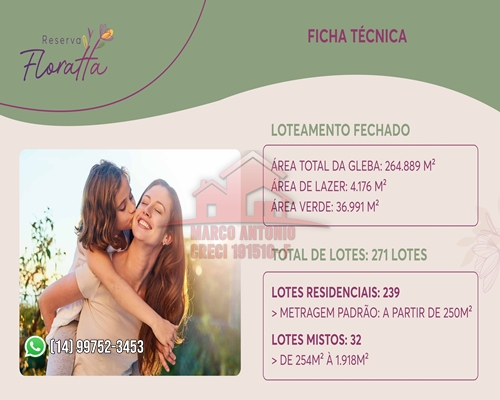 Terreno à Venda, 250 m² em Floratta Nações Residencial - Bauru