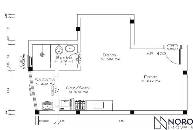 Imagem Kitnet semimobiliado, com churrasqueira, porcelanato e deck de madeira