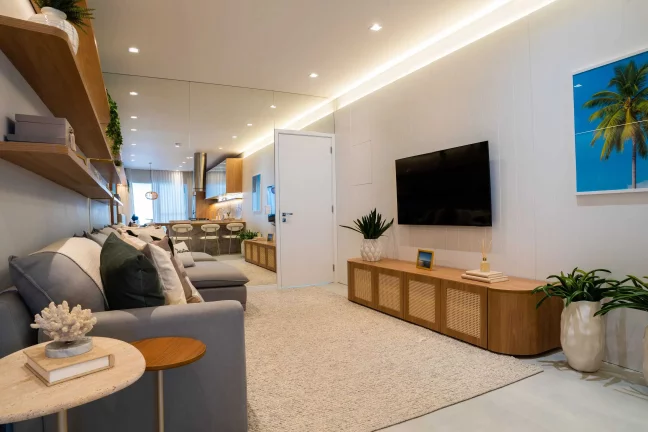 Imagem Apartamento na planta, pé na areia, com 2 dormitórios sendo 1 suíte e 1 vaga na praia de Tabuleiro BV