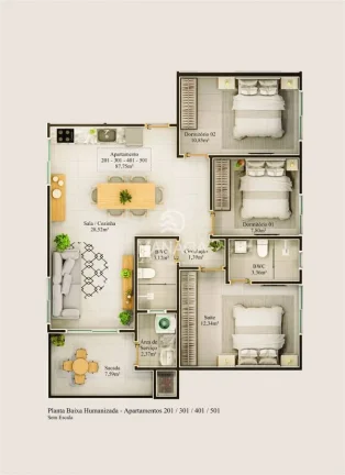 Imagem Apartamento 1 suíte + 2 quartos na Praia Central de Barra Velha