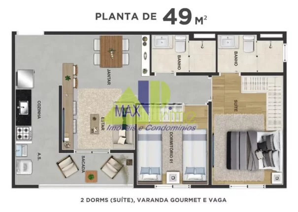 Imagem APARTAMENTO 49M²/02 DORMITÓRIOS/01 SUÍTE/SACADA/01 VAGA