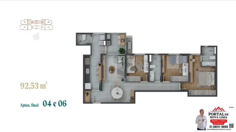 Imagem Lançamento de apartamento a venda em destaque possui uma planta ampla e bem distribuída, com 94,83 m2 de área privativa