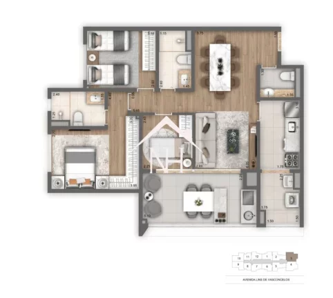 Imagem apartamento de 89m c/ 3 dormitórios (1 suíte), varanda gourmet,1 vaga, Deck molhado Piscinas, Pet Place, Solarium, Brinquedoteca,Churrasqueira,Fitness