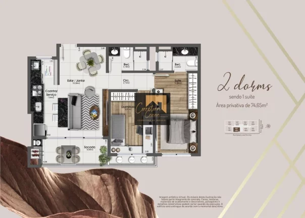 Imagem Apartamento no 11º andar com 74,65m² privativos, 2 quartos sendo 1 suíte com persianas automatiza...