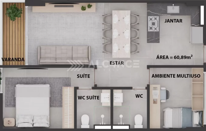 Imagem Apto - 2 Quartos - 1 Suíte - 60,89 m² - Cabo Branco, João Pessoa/PB
