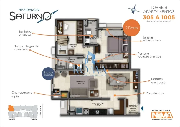 Imagem Residencial Saturno, apto de 02 dormitórios, próximo da UFN.