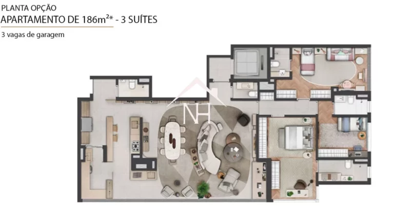 Imagem apartamento alto padrão 186m²,3 suítes, terraço gourmet, hall privativo, 3 vagas e um verdadeiro resort aos seus pés.