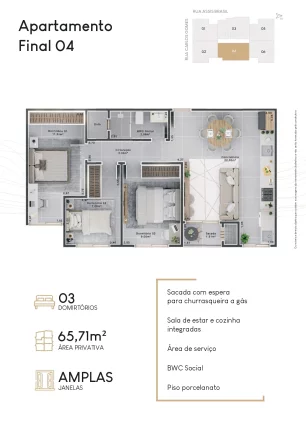 Imagem Venda de Apartamento no Bairro Nossa Senhora da Salete em Criciúma-SC: 3 quartos, 3 salas, 1 banheiro, 1 vaga e 65,71 m².