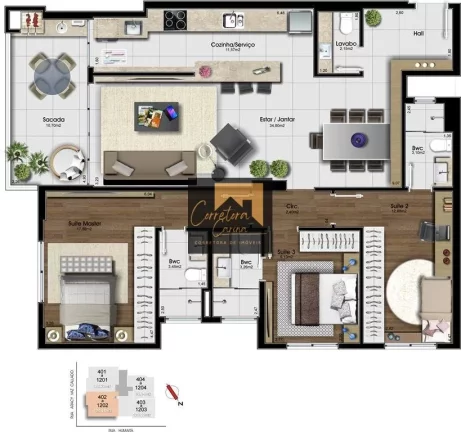 Imagem Apartamento no 3º andar com 129,14 m² privativos. 3 quartos sendo 3 suítes, ventilação cruzada ...