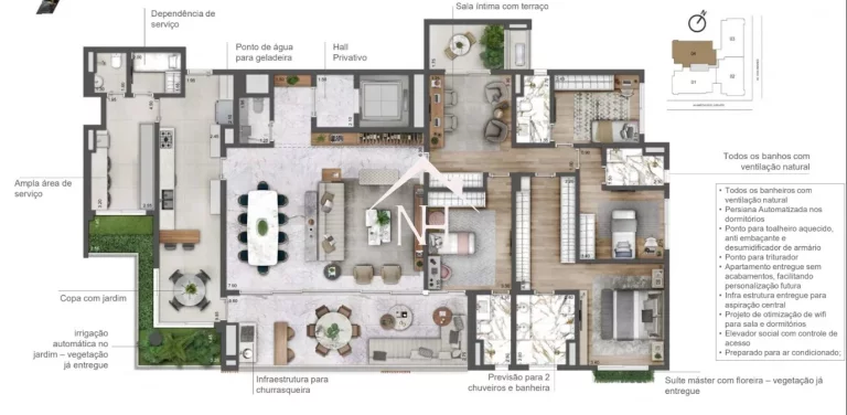 Imagem Garden 272m c/ 3 suítes (1 master),3 vagas, hall privativo, terraço gourmet, brinquedoteca,piscinas,quadra de tênis,fitness,sauna,deck, kids place,spa