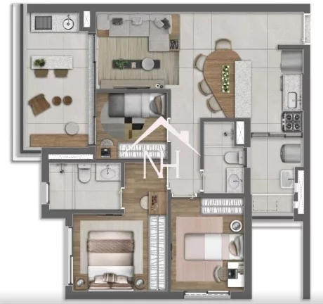 Imagem apartamento de 77m c/ 3 dormitórios (1 suíte), 2 vagas, terraço gourmet, Brinquedoteca, Piscinas, salão de jogos e festas, playground, academia, lobby