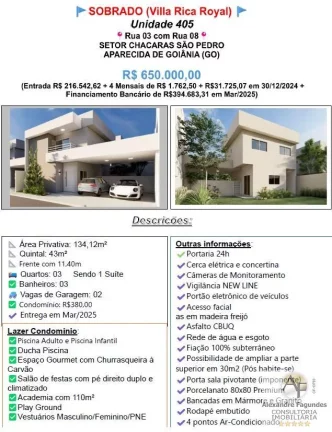 Imagem Sobrado em Condomínio para Venda em Aparecida de Goiânia, Chácaras São Pedro, 3 dormitórios, 1 suíte, 3 banheiros, 2 vagas