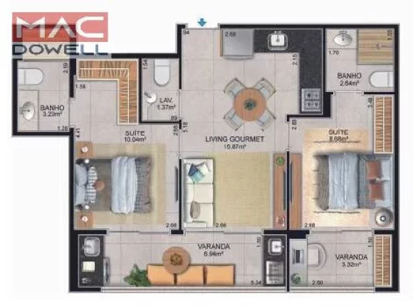 STAGE - Apartamento 83,87 m² com 2 Quartos (1 Suite) e Varanda