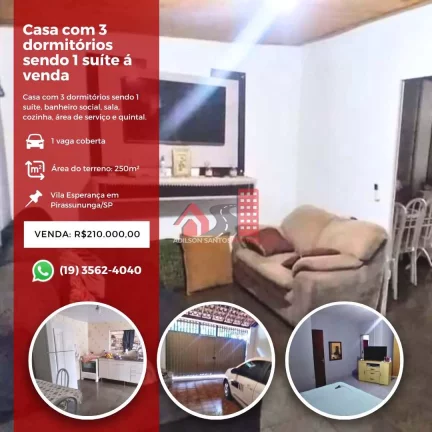 Casa com 3 dorms, Vila Esperança, Pirassununga - R$ 210 mil, Cod: 207