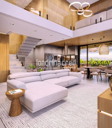 Imagem Planta exclusiva com 243 m² construídos, piscina de 20 m² e terreno de 311 m², com suítes amplas, área gourmet, lounge com lareira, e garagem para 4 carros.